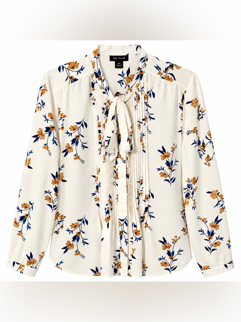 Ann Taylor Floral Tie-Neck Pintuck Blouse